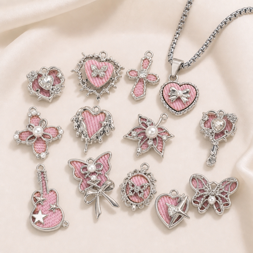 Butterfly Pendant Necklace - 5pcs Mix Pink Y2K Heart Enamel