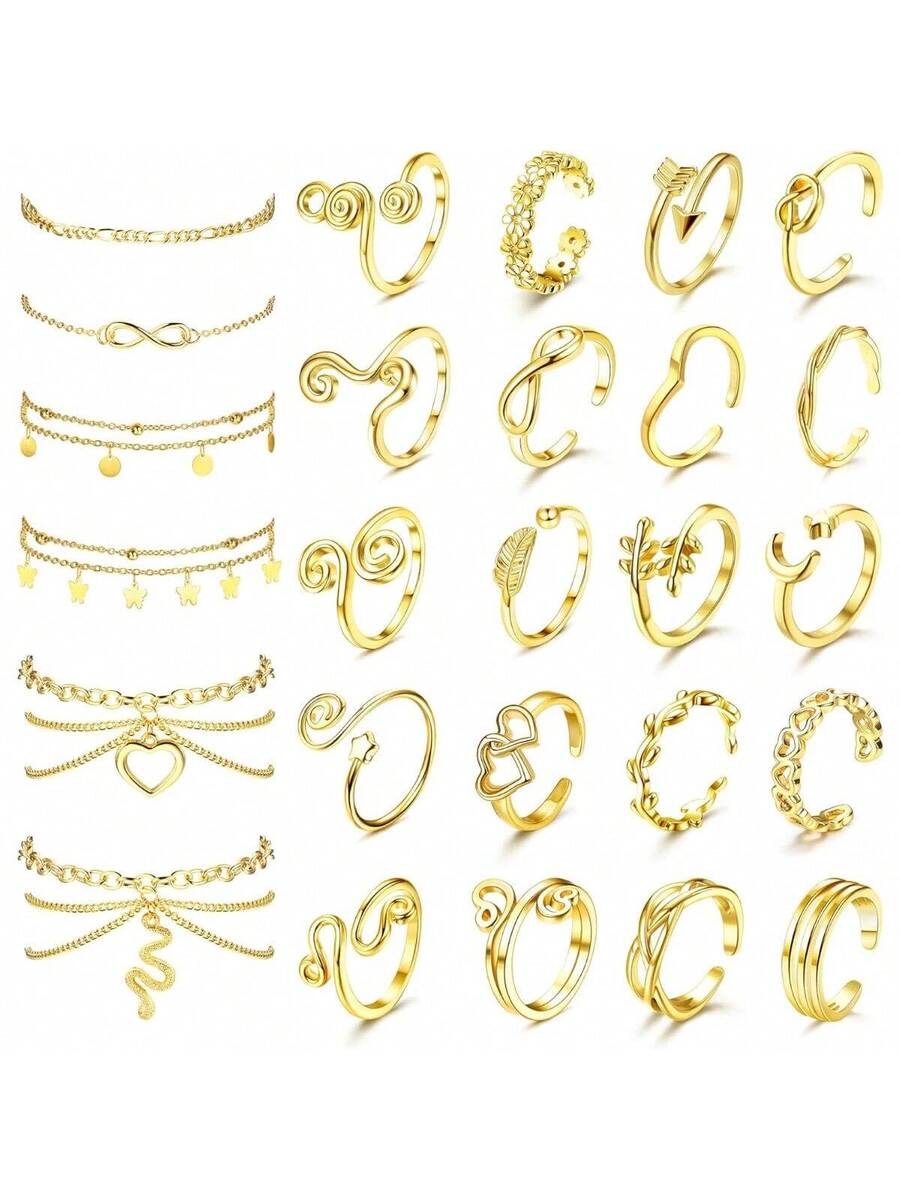 Anklet Foot Chain - 20Pcs Open Toe Rings And 6Pcs