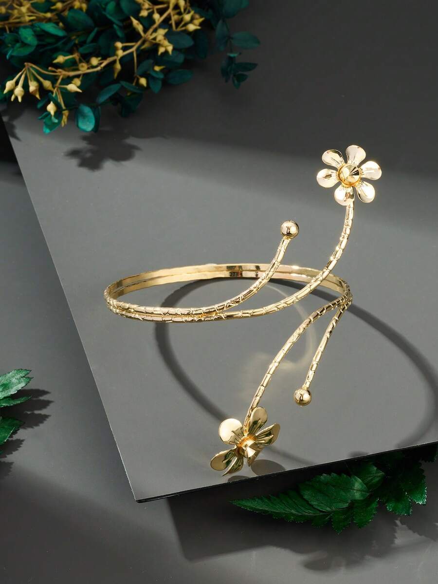 Cuff Bangle Bracelet - Elegant Gold Plated Floral Arm Cuff