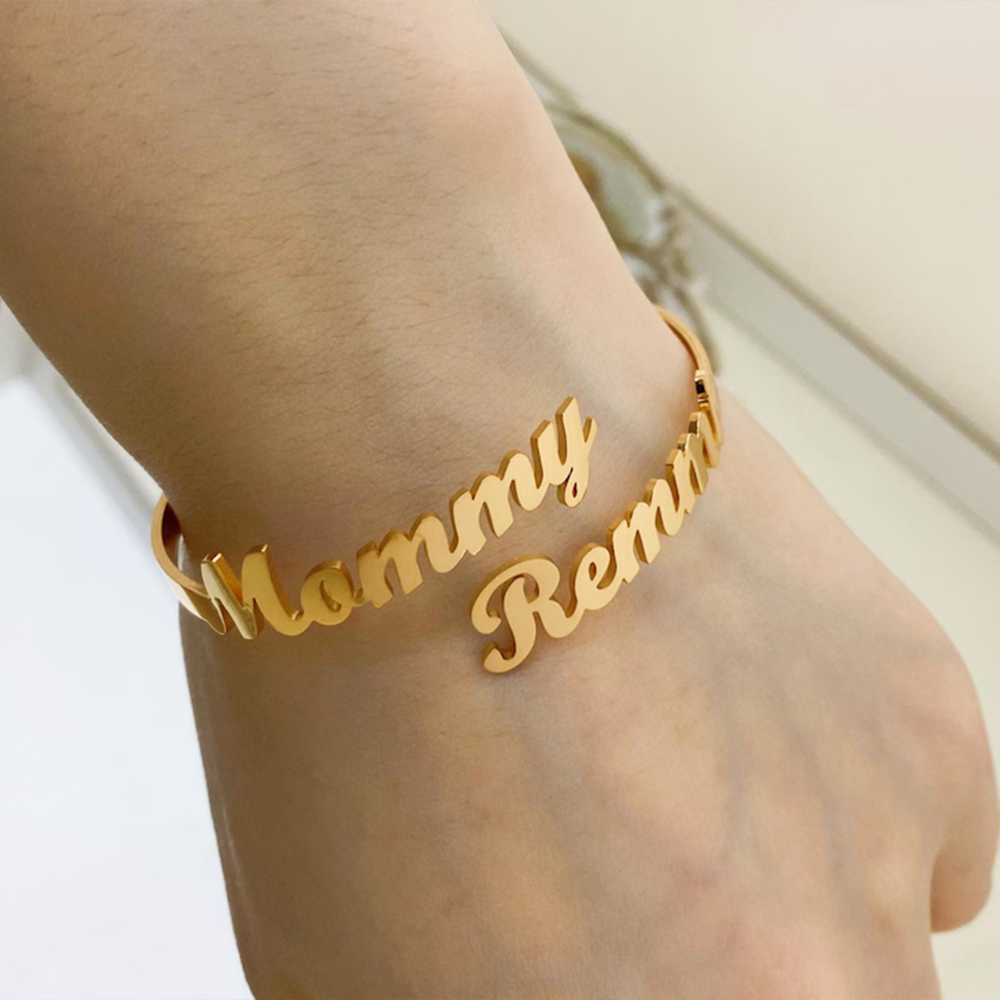 Cuff Bangle Bracelet - Customize Two Name Bracelets, Gold, Silver,