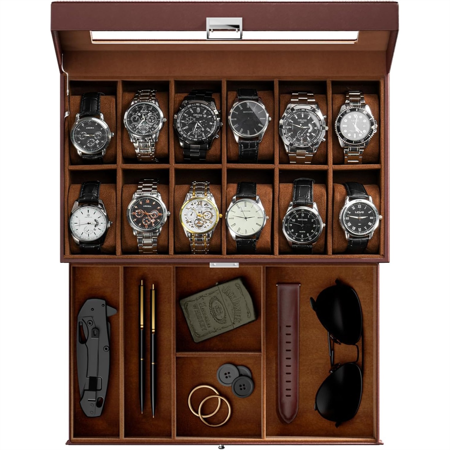12 Slot Watch Box with Drawer, - đánh giá và giá Jewelry Watches Men