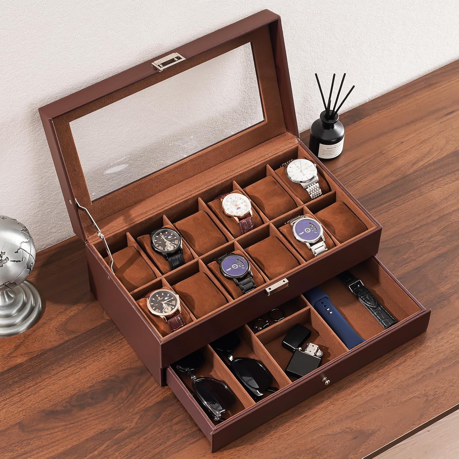 12 Slot Watch Box with Drawer, - đánh giá và giá Jewelry Watches Men