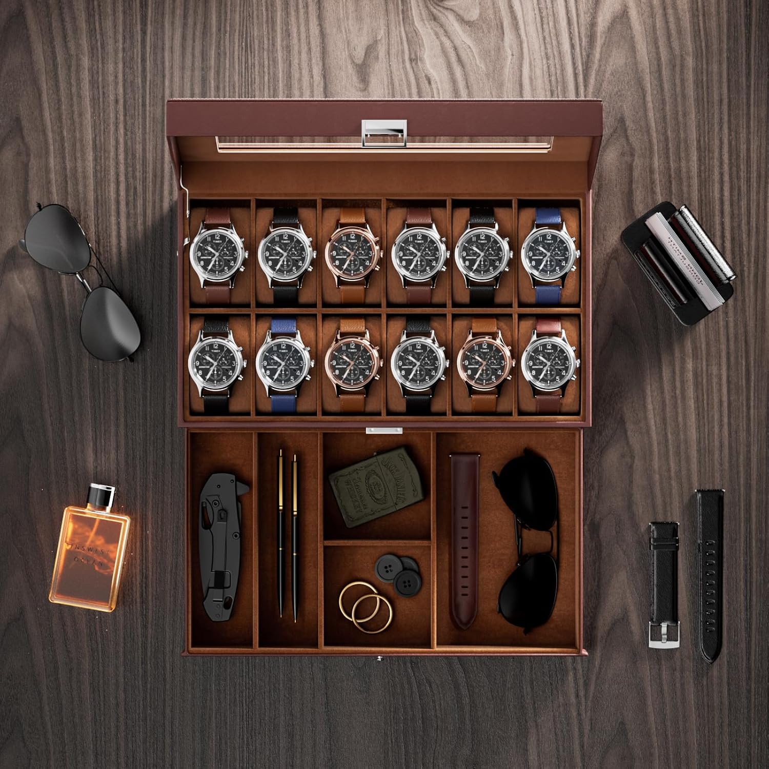 12 Slot Watch Box with Drawer, - đánh giá và giá Jewelry Watches Men